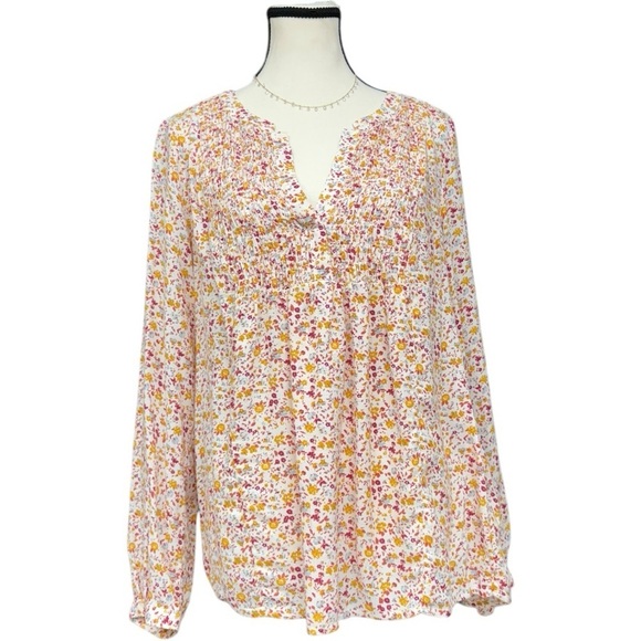 Lucky Brand Floral Pink and Orange Flowy Smocked Blouse, Size Medium - Picture 4 of 9